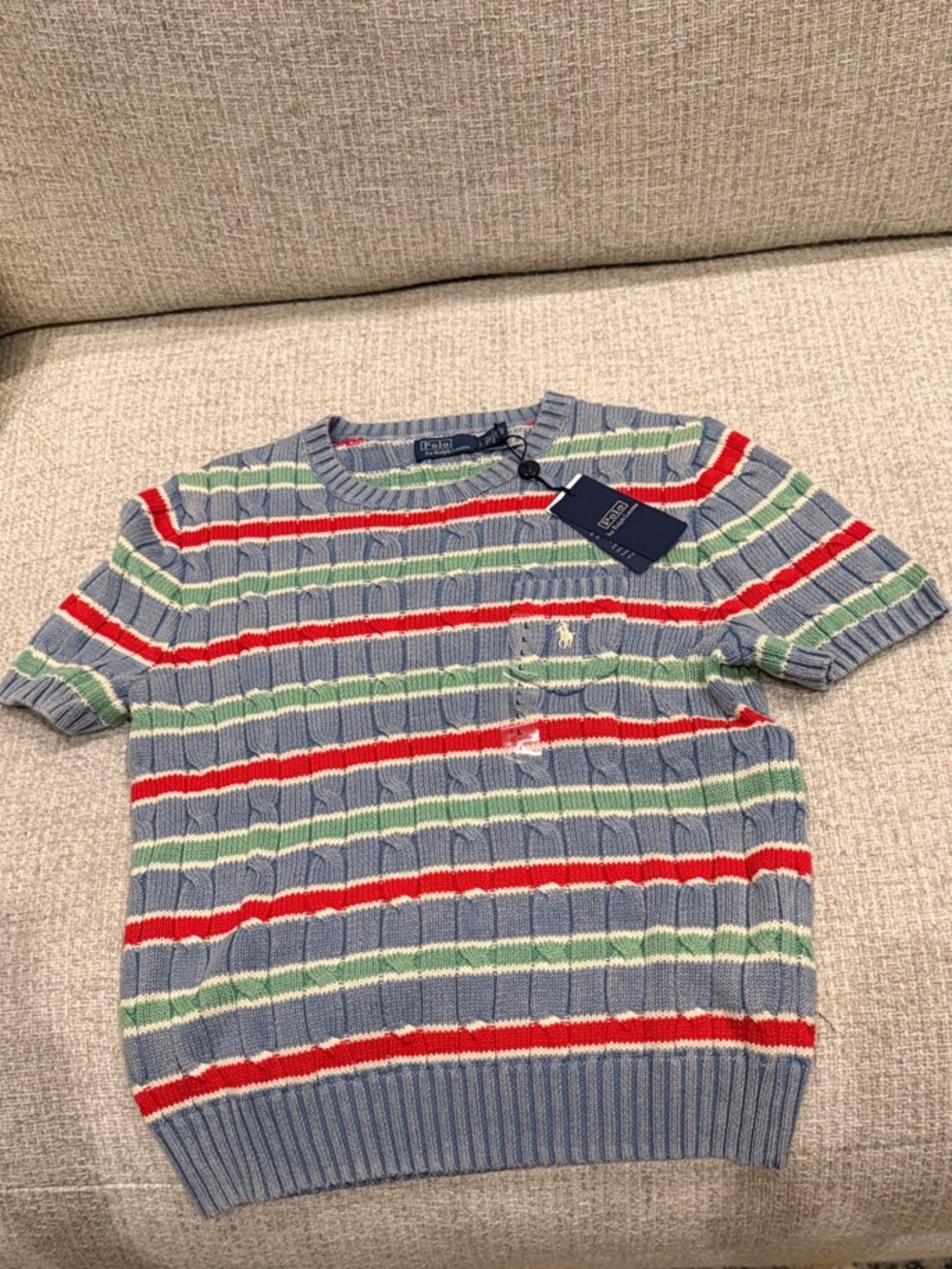 Polo Ralph Lauren-Short-Sleeve Cable Knit Stripe Sweater - Blue/Red/Green